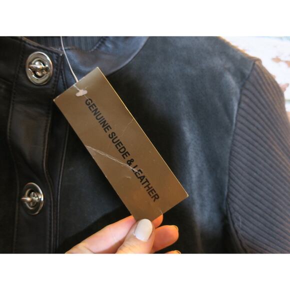 NWT Escapade Suede Leather & Knit Sweater Button Down Collarless Cardigan Jacket - Picture 6 of 8